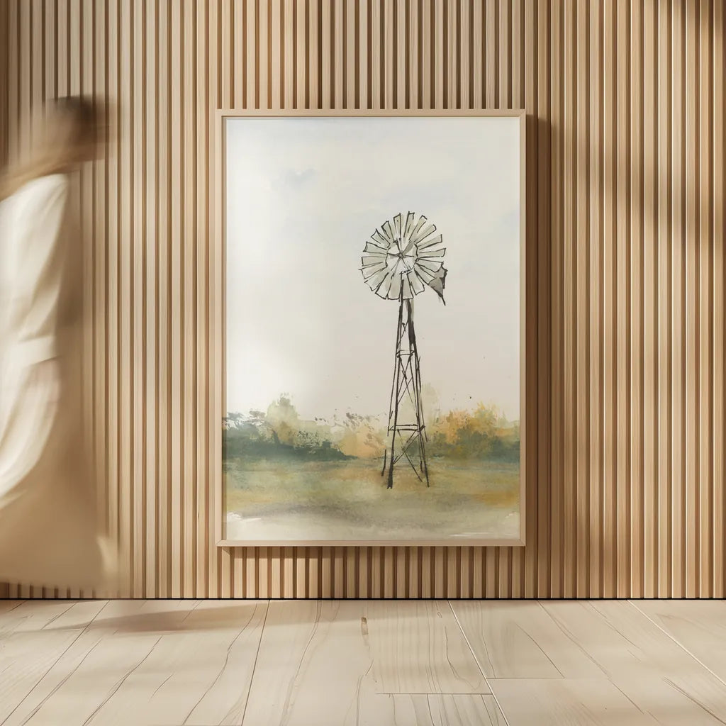 Windmill Landscape II by Chris Paschke. shown as over sized large wall art. Available as an archival giclee rolled canvas, fine art paper, or poster print. SKU 76899h.