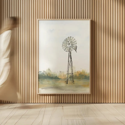 Windmill Landscape II by Chris Paschke. shown as over sized large wall art. Available as an archival giclee rolled canvas, fine art paper, or poster print. SKU 76899h.