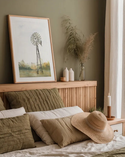 Windmill Landscape II by Chris Paschke. shown as a paper print in a natural frame. Available as a archival giclee rolled canvas, fine art paper, or poster print. SKU 76899h.