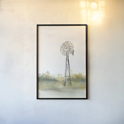 Windmill Landscape II by Chris Paschke. shown as a paper print in a black flame. Available as a archival giclee rolled canvas, fine art paper, or poster print. SKU 76899h.