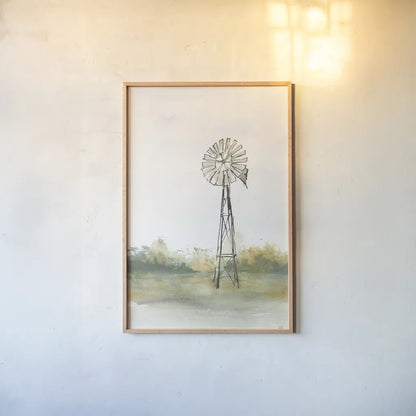 Windmill Landscape II by Chris Paschke. shown as a paper print in a natural frame. Available as a archival giclee rolled canvas, fine art paper, or poster print. SKU 76899h.