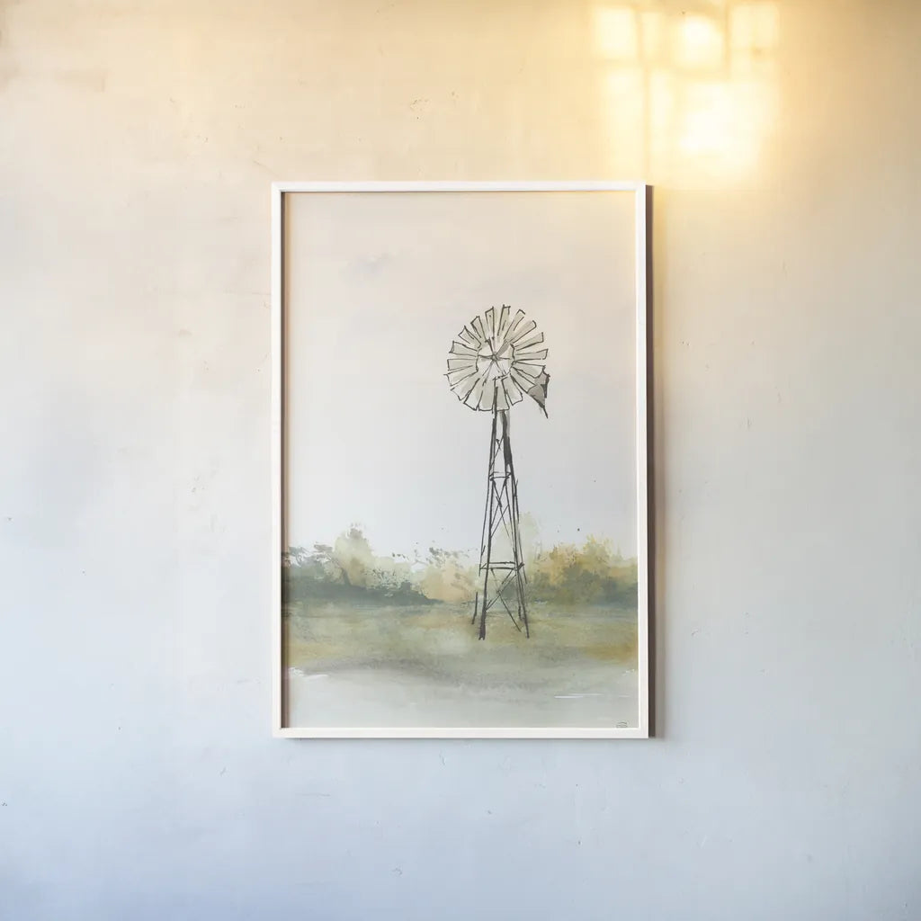 Windmill Landscape II by Chris Paschke. shown as a paper print in a white frame. Available as a archival giclee rolled canvas, fine art paper, or poster print. SKU 76899h.