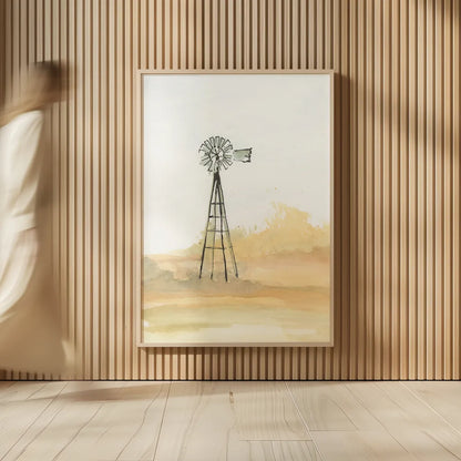 Windmill Landscape III by Chris Paschke. shown as over sized large wall art. Available as an archival giclee rolled canvas, fine art paper, or poster print. SKU 76900h.