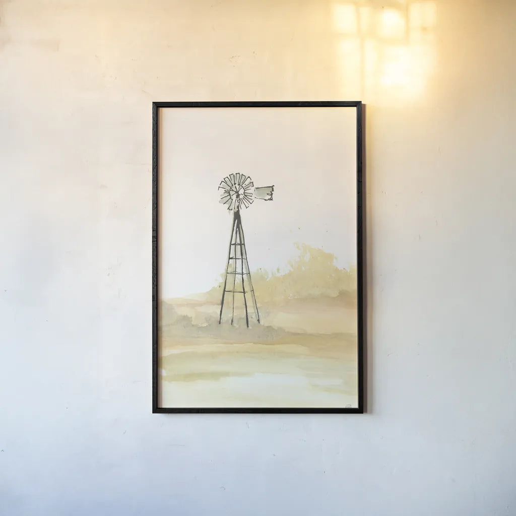 Windmill Landscape III by Chris Paschke. shown as a paper print in a black flame. Available as a archival giclee rolled canvas, fine art paper, or poster print. SKU 76900h.