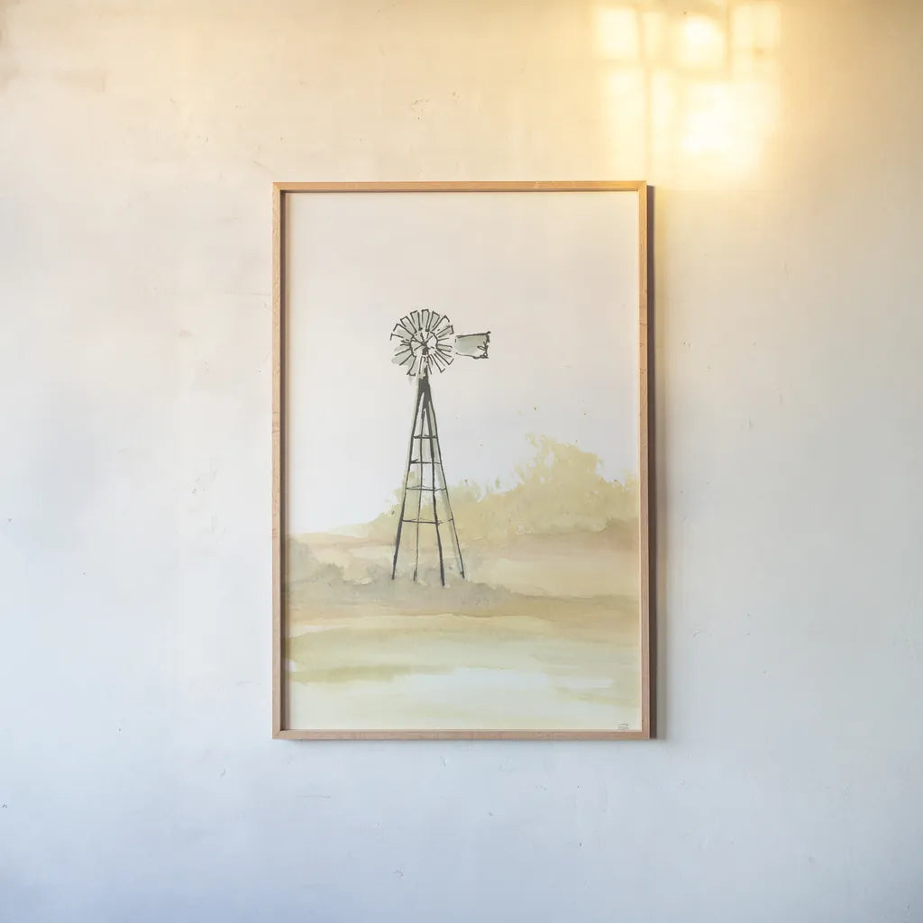 Windmill Landscape III by Chris Paschke. shown as a paper print in a natural frame. Available as a archival giclee rolled canvas, fine art paper, or poster print. SKU 76900h.