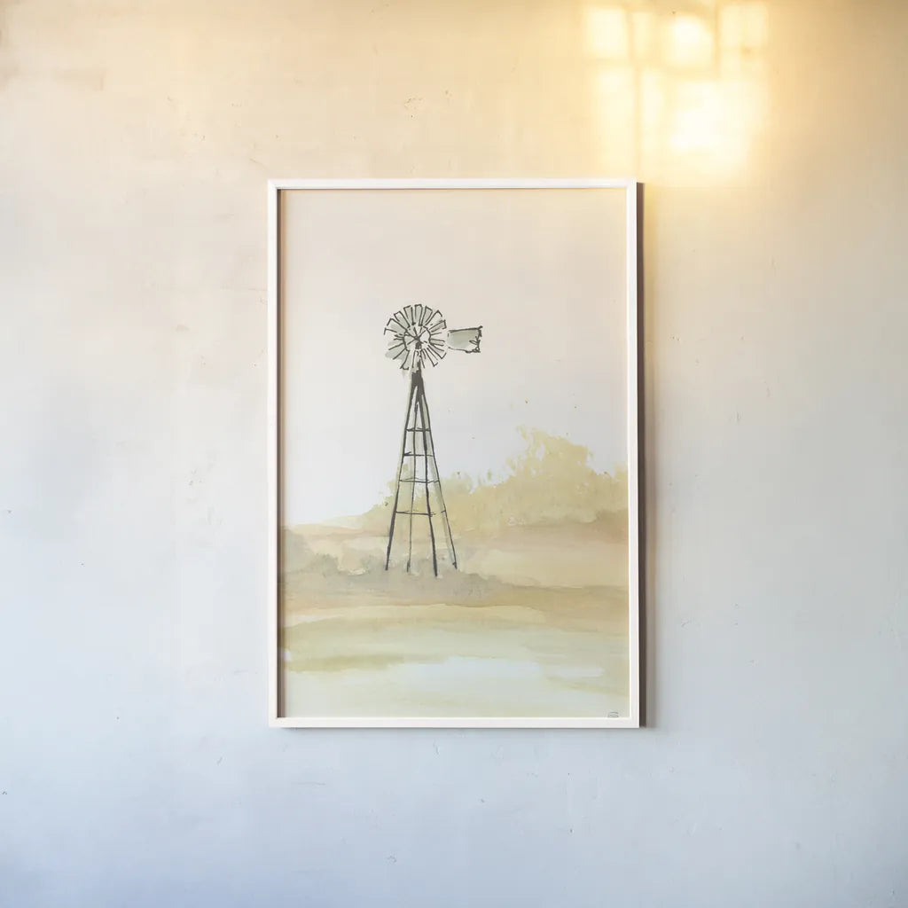 Windmill Landscape III by Chris Paschke. shown as a paper print in a white frame. Available as a archival giclee rolled canvas, fine art paper, or poster print. SKU 76900h.