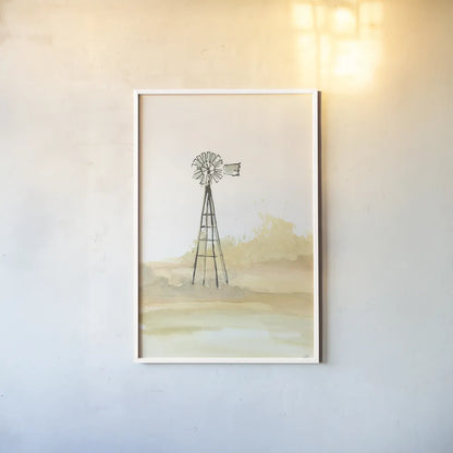 Windmill Landscape III by Chris Paschke. shown as a paper print in a white frame. Available as a archival giclee rolled canvas, fine art paper, or poster print. SKU 76900h.