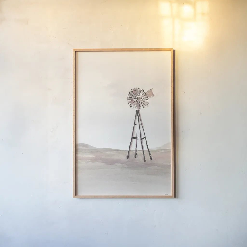 Windmill Landscape IV by Chris Paschke. shown as a paper print in a natural frame. Available as a archival giclee rolled canvas, fine art paper, or poster print. SKU 76901h.
