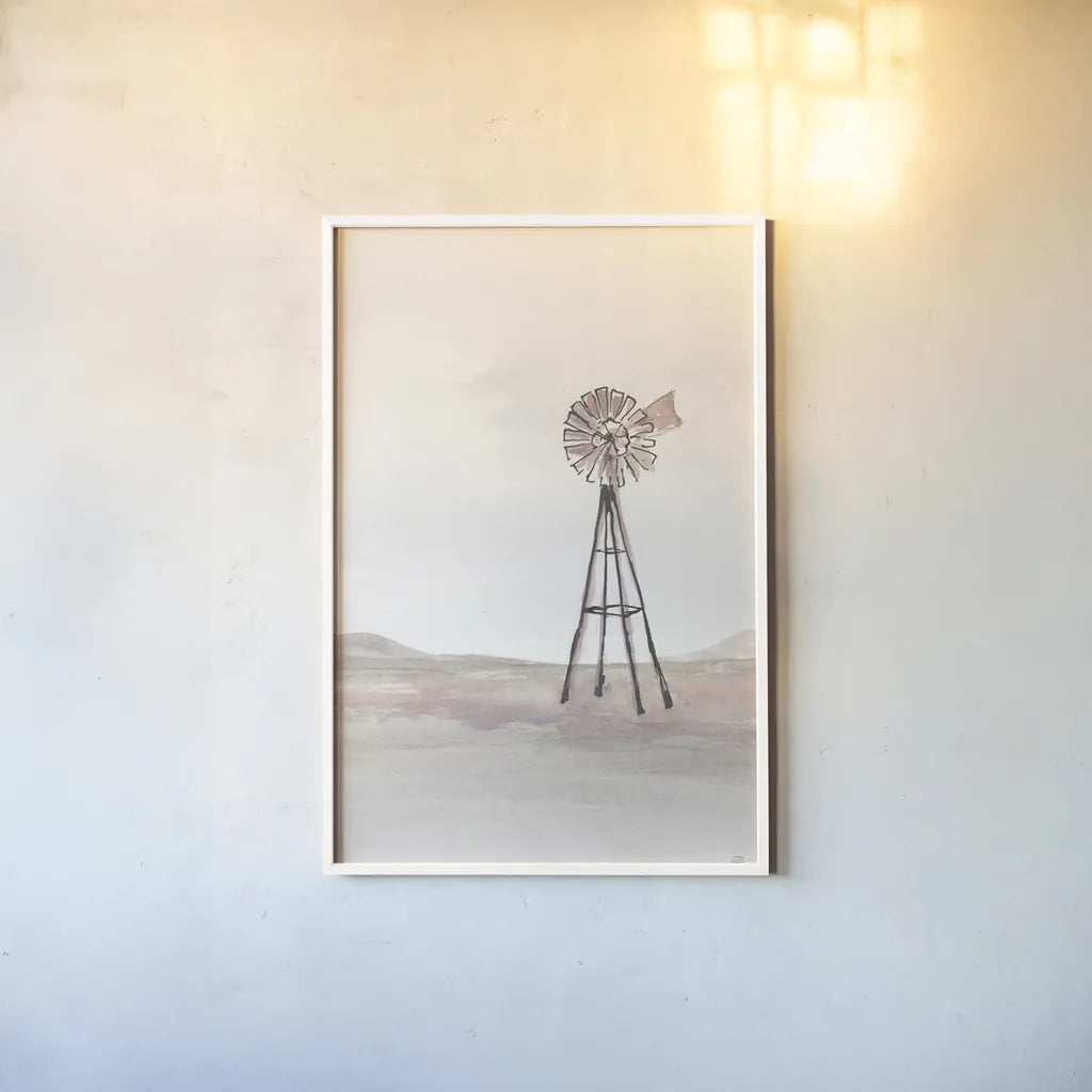 Windmill Landscape IV by Chris Paschke. shown as a paper print in a white frame. Available as a archival giclee rolled canvas, fine art paper, or poster print. SKU 76901h.