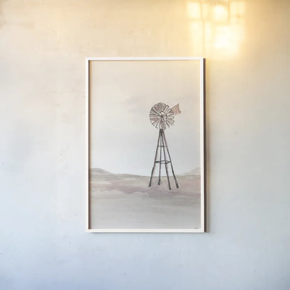 Windmill Landscape IV by Chris Paschke. shown as a paper print in a white frame. Available as a archival giclee rolled canvas, fine art paper, or poster print. SKU 76901h.