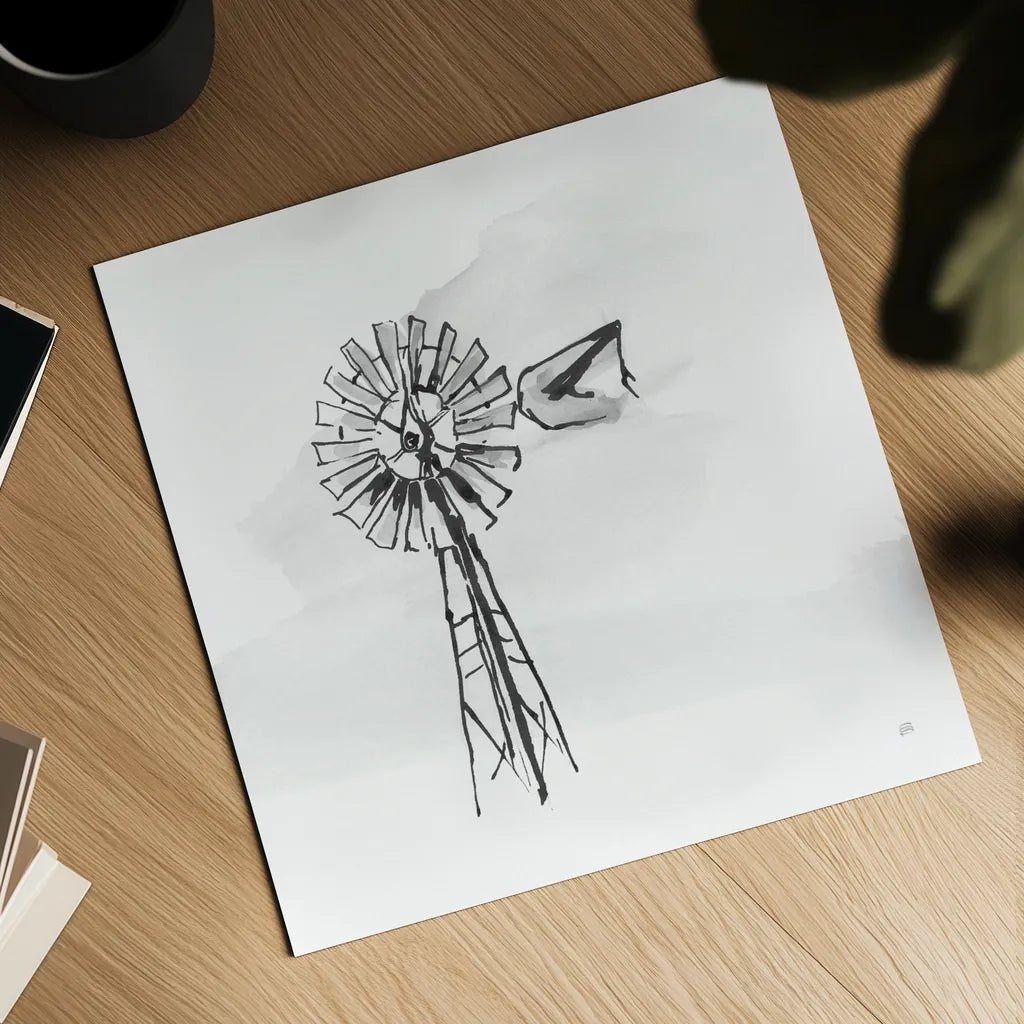 Windmill V BW by Chris Paschke. Shown as a detailed flat fine art print, highlighting archival giclee quality. Available as an archival giclee rolled canvas, fine art paper, or poster print. SKU 79224a.