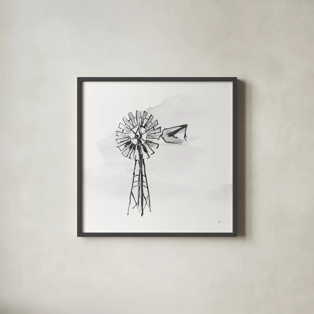 Windmill V BW by Chris Paschke. Shown in a sleek black glass frame for a contemporary gallery look. Available as an archival giclee rolled canvas, fine art paper, or poster print. SKU 79224a.