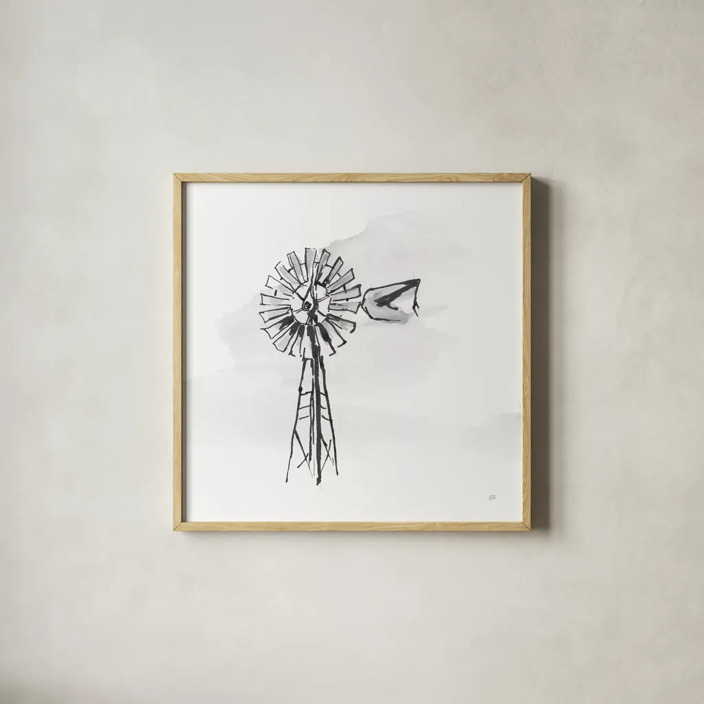 Windmill V BW by Chris Paschke. Shown in a natural wood glass frame for a timeless modern aesthetic. Available as an archival giclee rolled canvas, fine art paper, or poster print. SKU 79224a.