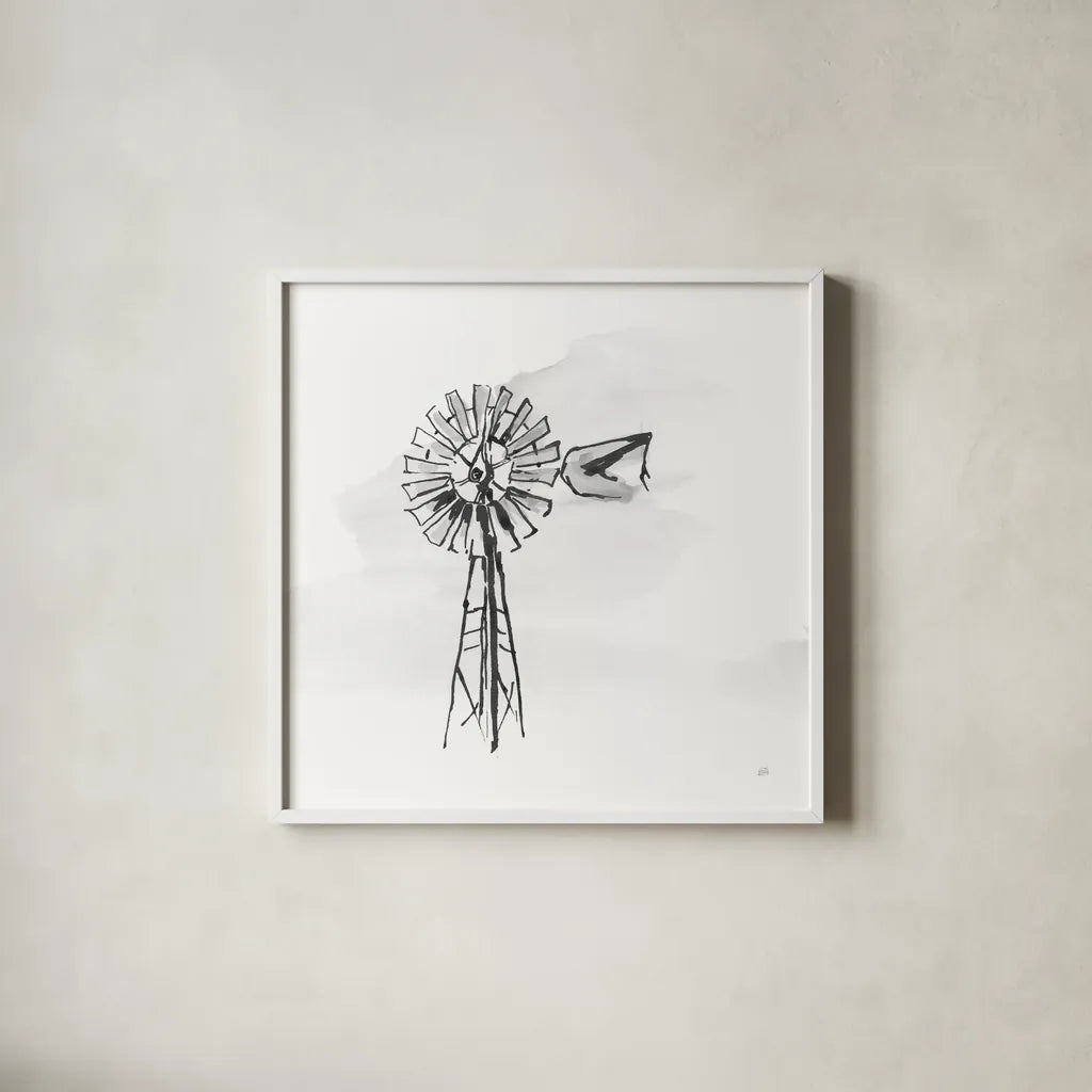 Windmill V BW by Chris Paschke. Shown in a crisp white glass frame for a clean and minimalist style. Available as an archival giclee rolled canvas, fine art paper, or poster print. SKU 79224a.