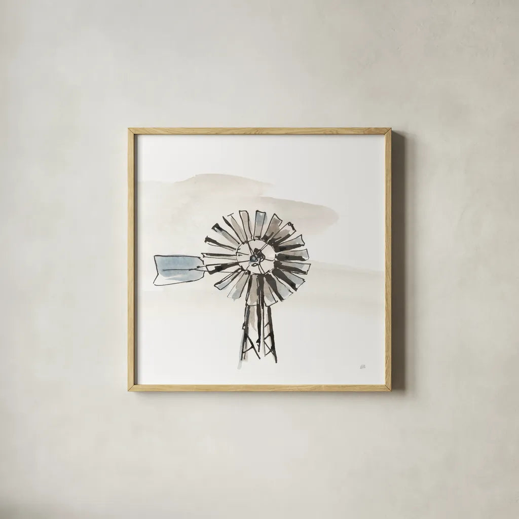Windmill VI by Chris Paschke. Shown in a natural wood glass frame for a timeless modern aesthetic. Available as an archival giclee rolled canvas, fine art paper, or poster print. SKU 76345a.