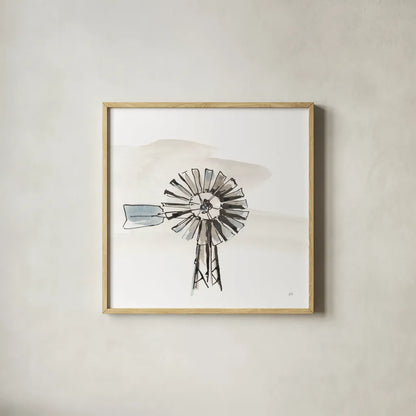 Windmill VI by Chris Paschke. Shown in a natural wood glass frame for a timeless modern aesthetic. Available as an archival giclee rolled canvas, fine art paper, or poster print. SKU 76345a.