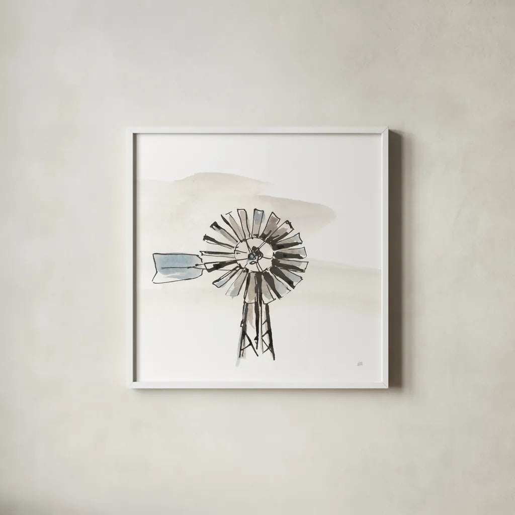 Windmill VI by Chris Paschke. Shown in a crisp white glass frame for a clean and minimalist style. Available as an archival giclee rolled canvas, fine art paper, or poster print. SKU 76345a.