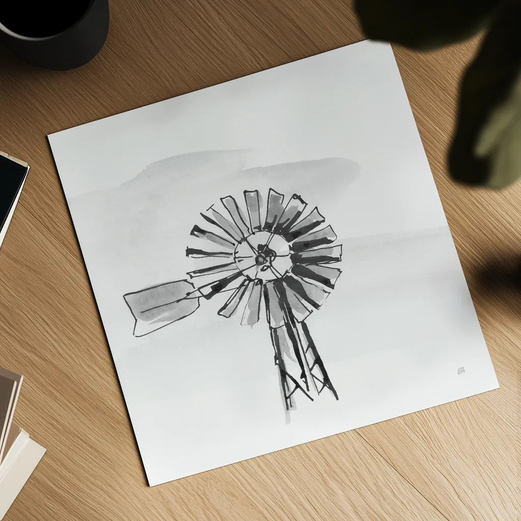 Windmill VI BW by Chris Paschke. Shown as a detailed flat fine art print, highlighting archival giclee quality. Available as an archival giclee rolled canvas, fine art paper, or poster print. SKU 79225a.