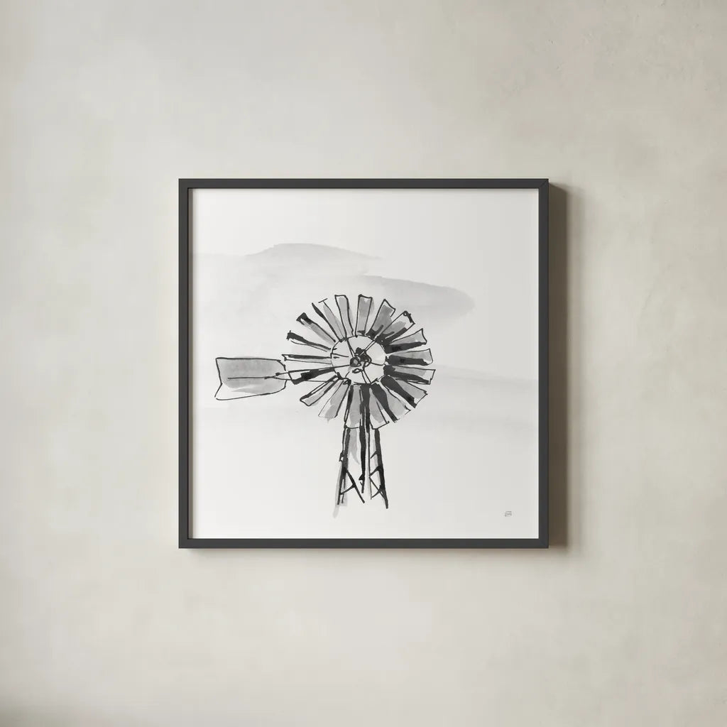 Windmill VI BW by Chris Paschke. Shown in a sleek black glass frame for a contemporary gallery look. Available as an archival giclee rolled canvas, fine art paper, or poster print. SKU 79225a.