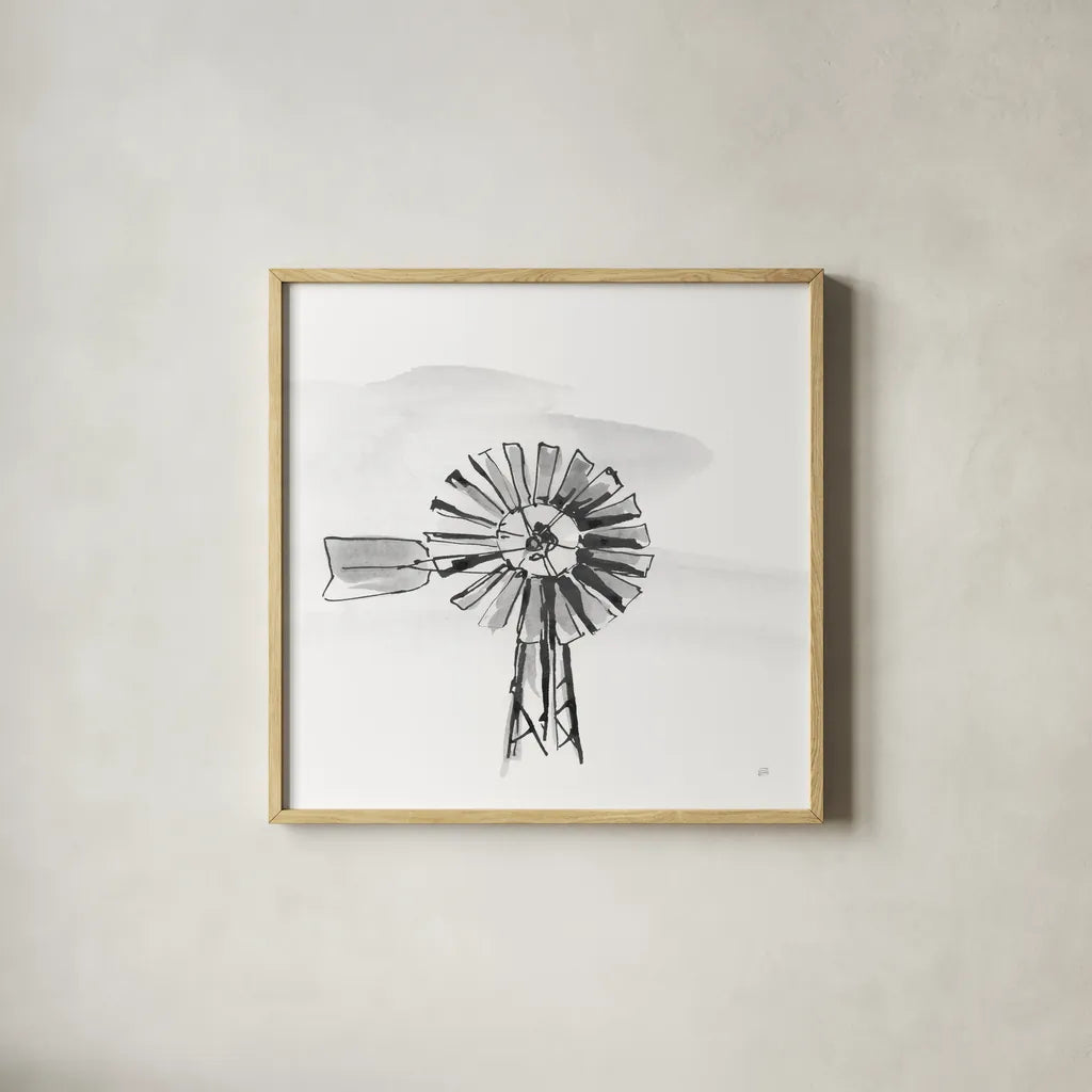 Windmill VI BW by Chris Paschke. Shown in a natural wood glass frame for a timeless modern aesthetic. Available as an archival giclee rolled canvas, fine art paper, or poster print. SKU 79225a.