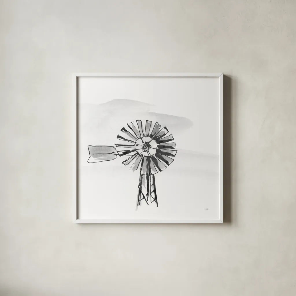 Windmill VI BW by Chris Paschke. Shown in a crisp white glass frame for a clean and minimalist style. Available as an archival giclee rolled canvas, fine art paper, or poster print. SKU 79225a.