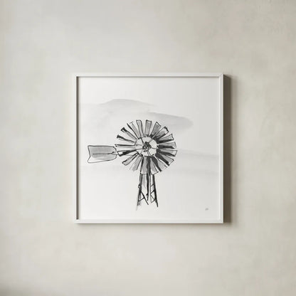 Windmill VI BW by Chris Paschke. Shown in a crisp white glass frame for a clean and minimalist style. Available as an archival giclee rolled canvas, fine art paper, or poster print. SKU 79225a.