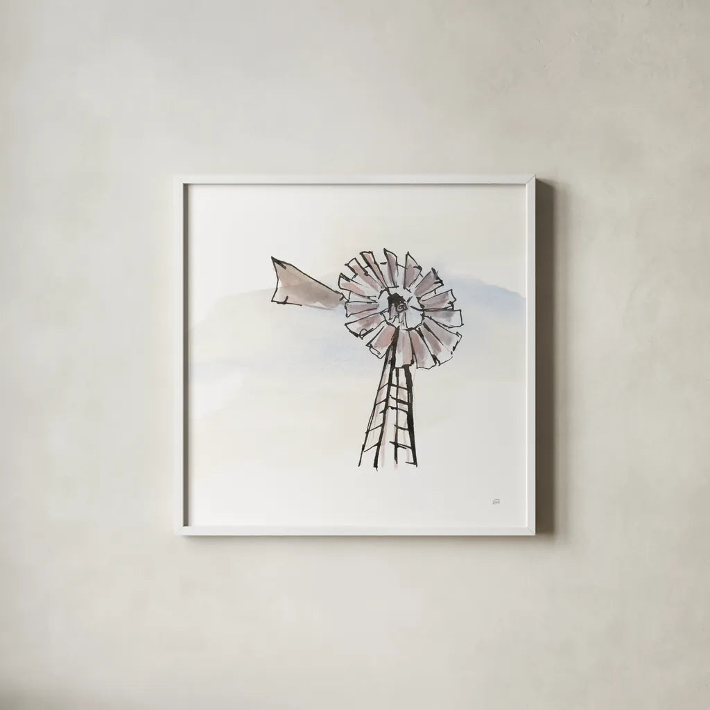Windmill VII by Chris Paschke. Shown in a crisp white glass frame for a clean and minimalist style. Available as an archival giclee rolled canvas, fine art paper, or poster print. SKU 76346a.