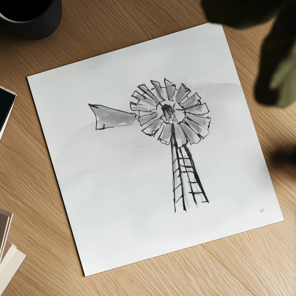 Windmill VII BW by Chris Paschke. Shown as a detailed flat fine art print, highlighting archival giclee quality. Available as an archival giclee rolled canvas, fine art paper, or poster print. SKU 79226a.