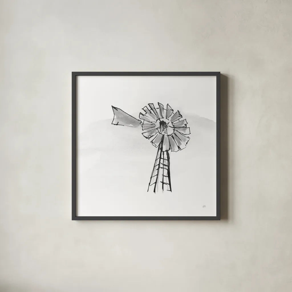 Windmill VII BW by Chris Paschke. Shown in a sleek black glass frame for a contemporary gallery look. Available as an archival giclee rolled canvas, fine art paper, or poster print. SKU 79226a.