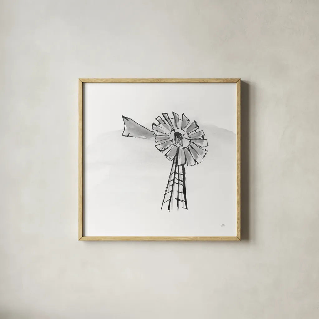Windmill VII BW by Chris Paschke. Shown in a natural wood glass frame for a timeless modern aesthetic. Available as an archival giclee rolled canvas, fine art paper, or poster print. SKU 79226a.