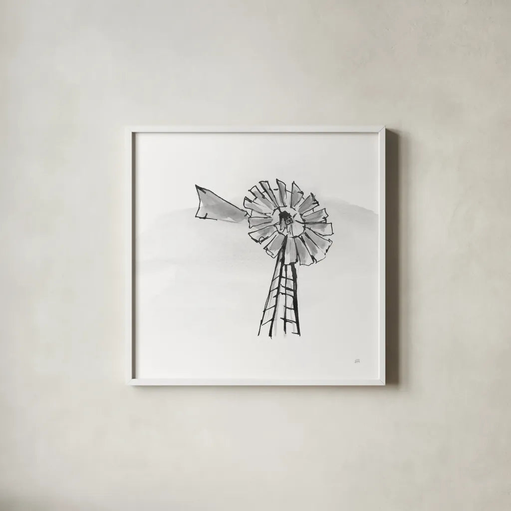 Windmill VII BW by Chris Paschke. Shown in a crisp white glass frame for a clean and minimalist style. Available as an archival giclee rolled canvas, fine art paper, or poster print. SKU 79226a.