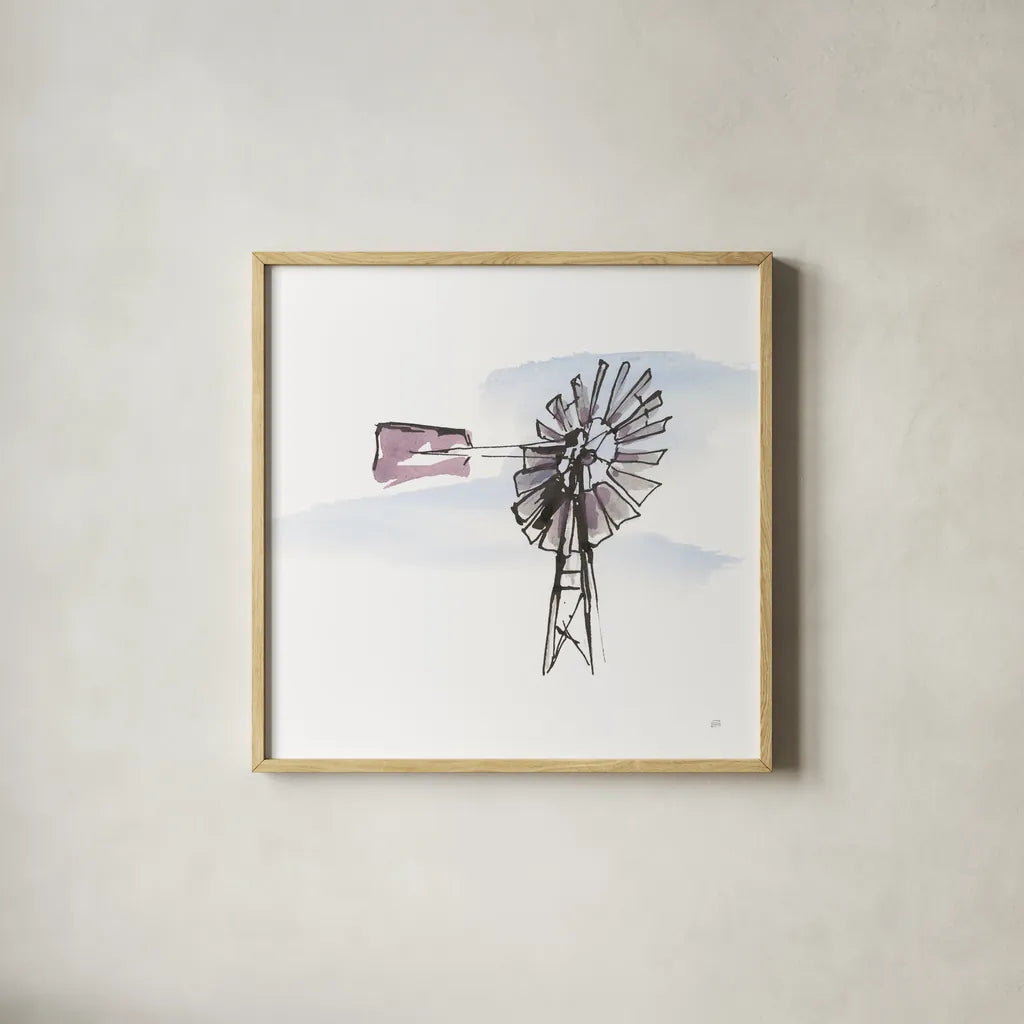 Windmill VIII by Chris Paschke. Shown in a natural wood glass frame for a timeless modern aesthetic. Available as an archival giclee rolled canvas, fine art paper, or poster print. SKU 76347a.