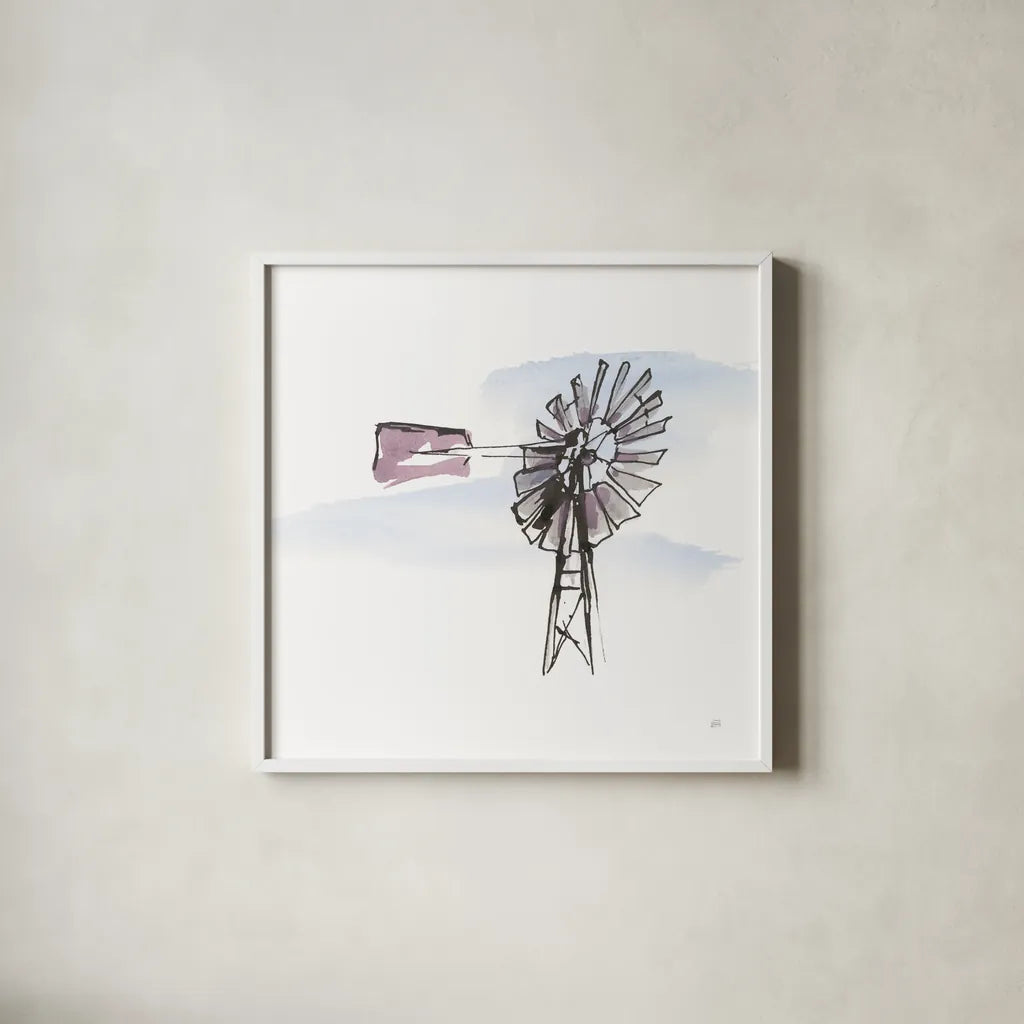 Windmill VIII by Chris Paschke. Shown in a crisp white glass frame for a clean and minimalist style. Available as an archival giclee rolled canvas, fine art paper, or poster print. SKU 76347a.