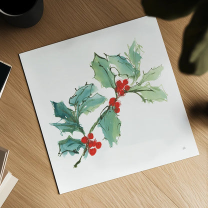 Winter Green Holly I by Chris Paschke. Shown as a detailed flat fine art print, highlighting archival giclee quality. Available as an archival giclee rolled canvas, fine art paper, or poster print. SKU 83116a.