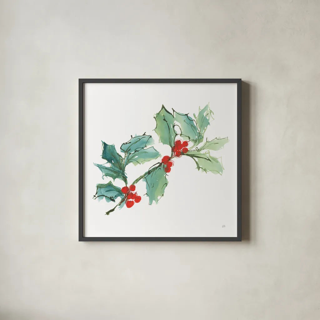 Winter Green Holly I by Chris Paschke. Shown in a sleek black glass frame for a contemporary gallery look. Available as an archival giclee rolled canvas, fine art paper, or poster print. SKU 83116a.
