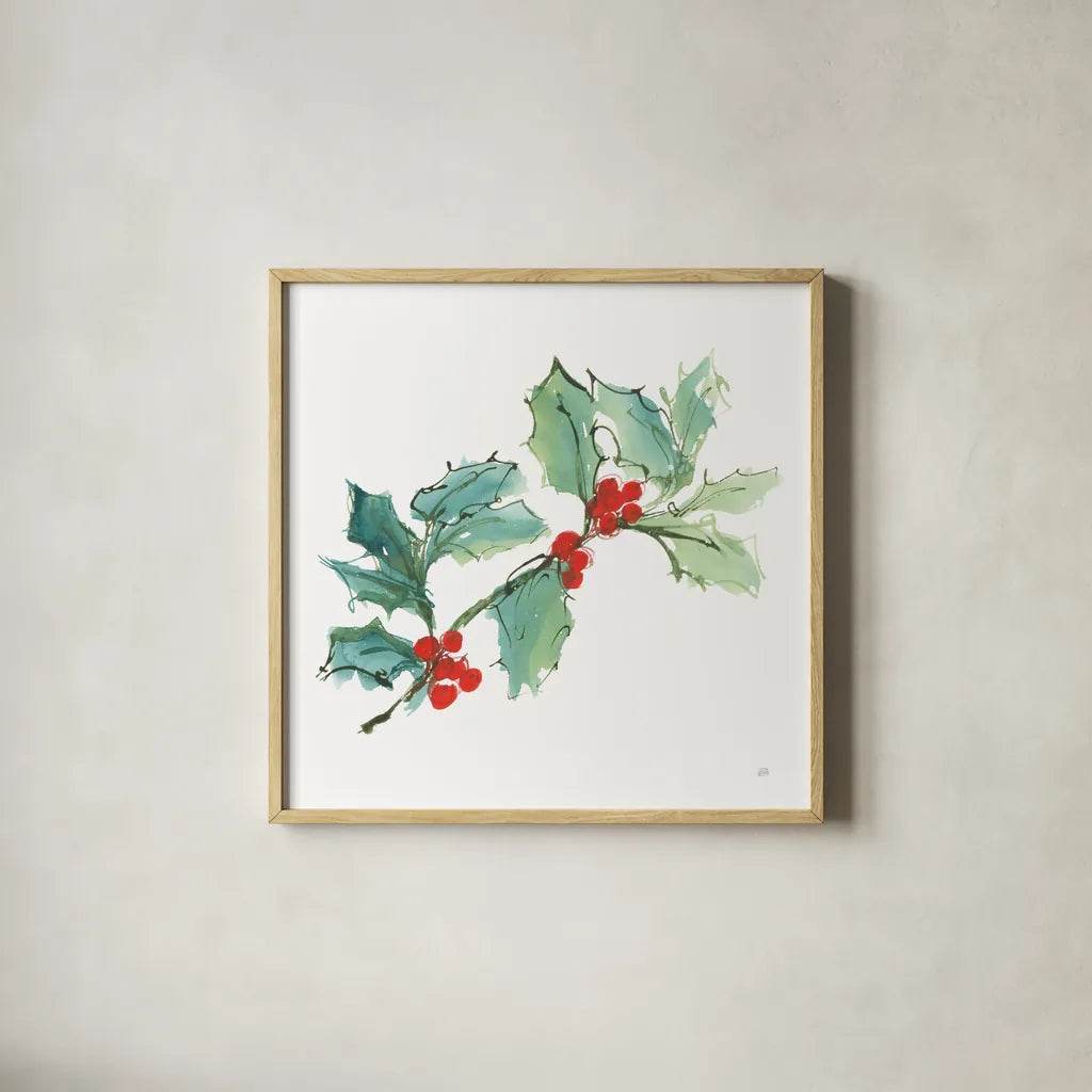 Winter Green Holly I by Chris Paschke. Shown in a natural wood glass frame for a timeless modern aesthetic. Available as an archival giclee rolled canvas, fine art paper, or poster print. SKU 83116a.