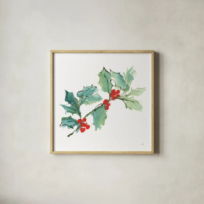 Winter Green Holly I by Chris Paschke. Shown in a natural wood glass frame for a timeless modern aesthetic. Available as an archival giclee rolled canvas, fine art paper, or poster print. SKU 83116a.