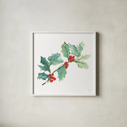 Winter Green Holly I by Chris Paschke. Shown in a crisp white glass frame for a clean and minimalist style. Available as an archival giclee rolled canvas, fine art paper, or poster print. SKU 83116a.