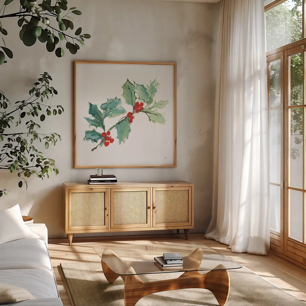 Winter Green Holly I by Chris Paschke. Shown in a natural wood frame in a cozy modern living room. Available as an archival giclee rolled canvas, fine art paper, or poster print. SKU 83116a.
