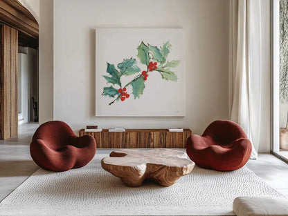 Winter Green Holly I by Chris Paschke. Shown as extra-large giant wall art in a modern living room. Available as an archival giclee rolled canvas, fine art paper, or poster print. SKU 83116a.