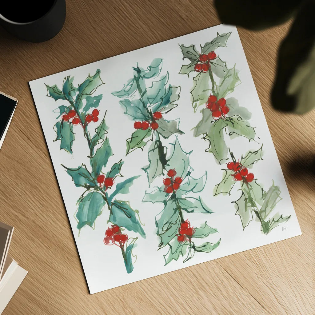 Winter Green Holly II by Chris Paschke. Shown as a detailed flat fine art print, highlighting archival giclee quality. Available as an archival giclee rolled canvas, fine art paper, or poster print. SKU 83117a.