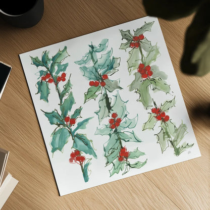 Winter Green Holly II by Chris Paschke. Shown as a detailed flat fine art print, highlighting archival giclee quality. Available as an archival giclee rolled canvas, fine art paper, or poster print. SKU 83117a.