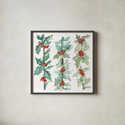 Winter Green Holly II by Chris Paschke. Shown in a sleek black glass frame for a contemporary gallery look. Available as an archival giclee rolled canvas, fine art paper, or poster print. SKU 83117a.