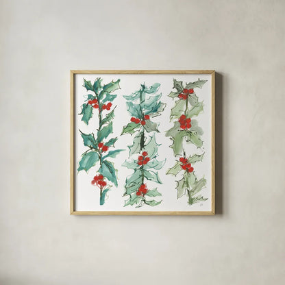 Winter Green Holly II by Chris Paschke. Shown in a natural wood glass frame for a timeless modern aesthetic. Available as an archival giclee rolled canvas, fine art paper, or poster print. SKU 83117a.