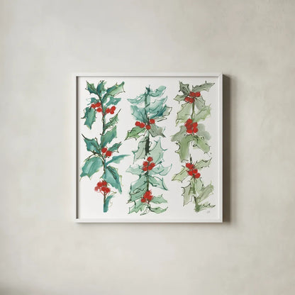 Winter Green Holly II by Chris Paschke. Shown in a crisp white glass frame for a clean and minimalist style. Available as an archival giclee rolled canvas, fine art paper, or poster print. SKU 83117a.