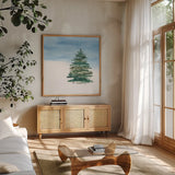 Winter Green I by Chris Paschke. Shown in a natural wood frame in a cozy modern living room. Available as an archival giclee rolled canvas, fine art paper, or poster print. SKU 83113a.