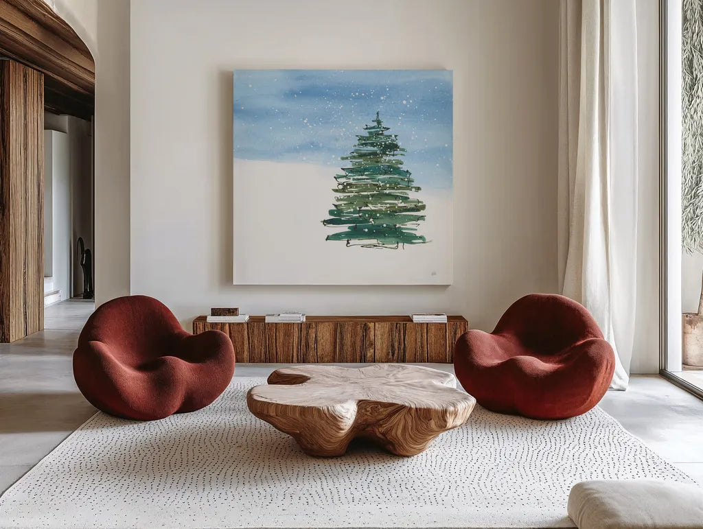 Winter Green I by Chris Paschke. Shown as extra-large giant wall art in a modern living room. Available as an archival giclee rolled canvas, fine art paper, or poster print. SKU 83113a.