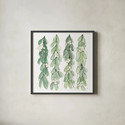 Winter Green Mistletoe II by Chris Paschke. Shown in a sleek black glass frame for a contemporary gallery look. Available as an archival giclee rolled canvas, fine art paper, or poster print. SKU 83115a.