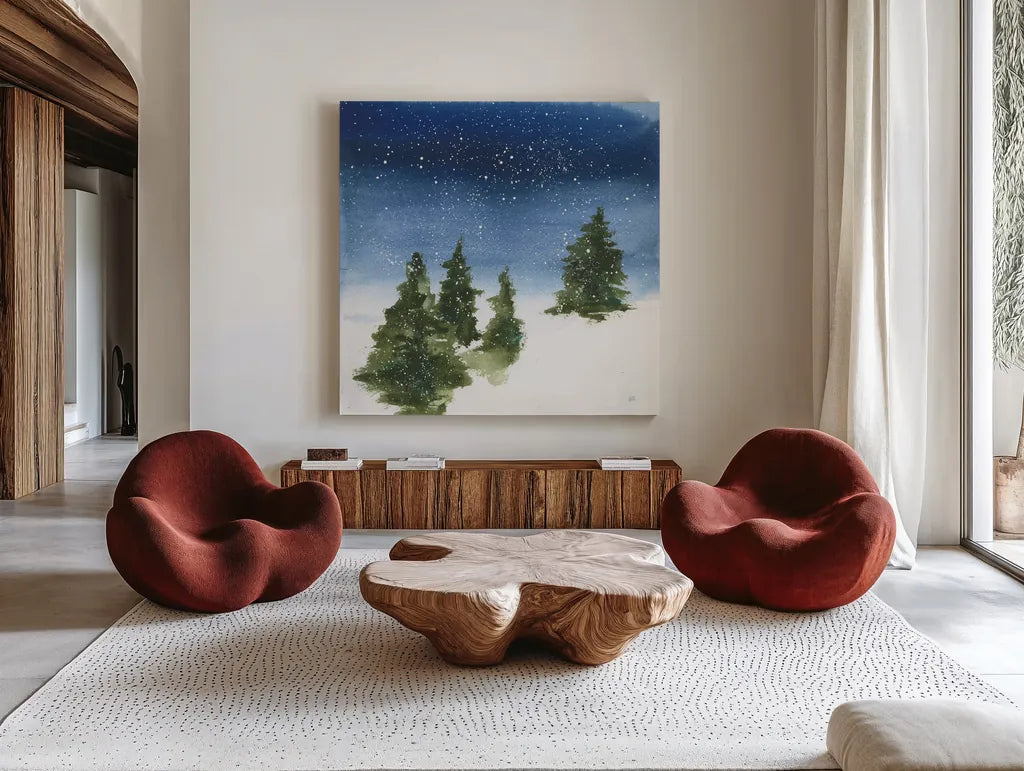 Winter Snow I by Chris Paschke. Shown as extra-large giant wall art in a modern living room. Available as an archival giclee rolled canvas, fine art paper, or poster print. SKU 83587a.
