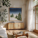 Winter Snow II by Chris Paschke. Shown in a natural wood frame in a cozy modern living room. Available as an archival giclee rolled canvas, fine art paper, or poster print. SKU 83588a.